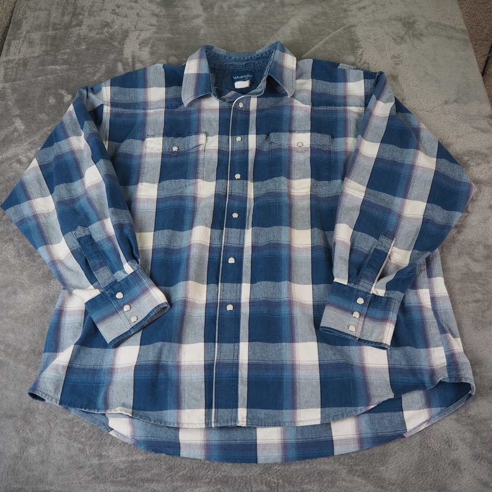 VTG Wrangler Western Shirt Denim Pearl Snap Plaid Bushopper Cowboy Workwear